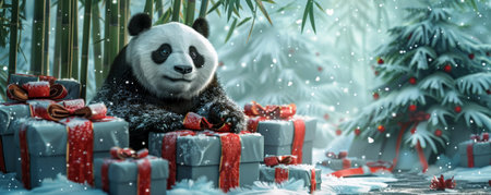 A cute panda bear sitting next to a pile of Christmas gift boxes, with a snowy bamboo forest in the background.の素材
