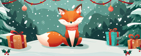 A happy fox sitting next to a pile of Christmas gift boxes, with a snowy forest and holiday decorations in the background.の素材