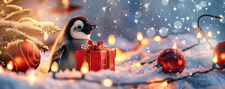 A playful penguin chick with a Christmas gift box, surrounded by festive decorations and twinkling lights.の素材