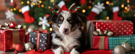 A playful puppy wearing reindeer antlers, surrounded by Christmas gift boxes and holiday decorations.の素材