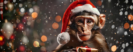 A playful monkey wearing a Santa hat, holding a small Christmas gift box, with a backdrop of holiday decorations.の素材