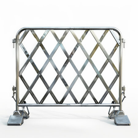 A metal crowd control barricade with interlocking panels, isolated on white backgroundの素材
