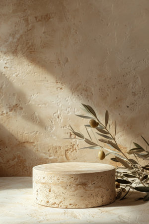 Polished travertine stone podium for product presentation on a Mediterranean-themed background with olive branchesの素材
