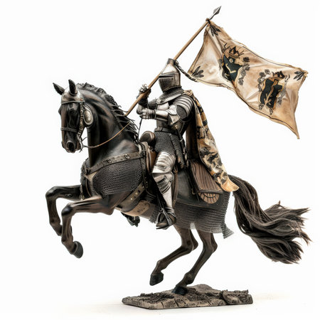 A chivalrous knight in steel armor, mounted on a rearing horse, holding a banner high, isolated on white background.の素材