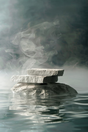 Granite stones podium on water and smoke surrounding for product presentation, with the water gently lapping at the base and delicate smoke tendrils enhancing the ethereal atmosphereの素材