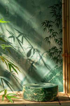 Polished jade stone podium for product presentation on an Asian-inspired background with bamboo and soft lightingの素材