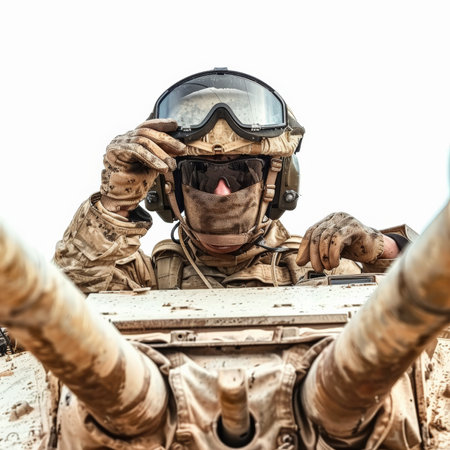 A skilled tank commander in a helmet and goggles, giving orders from a tank hatch, isolated on white backgroundの素材