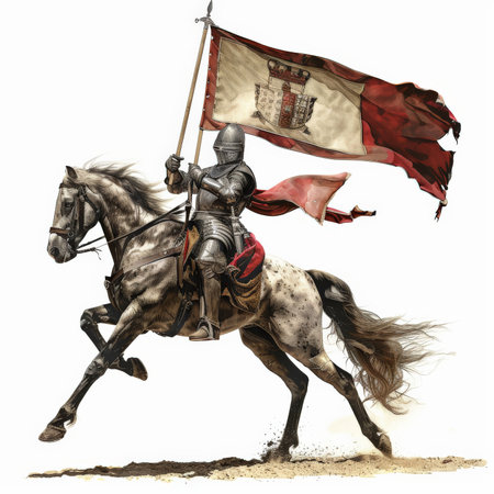 A chivalrous knight in steel armor, mounted on a rearing horse, holding a banner high, isolated on white background.の素材