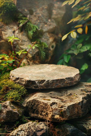 Rough quartzite stone podium for product presentation on a rugged, outdoor-themed background with moss and foliageの素材