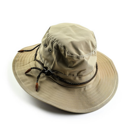 A safari hat in khaki with a wide brim and chin strap, designed for outdoor adventures, isolated on white background.の素材