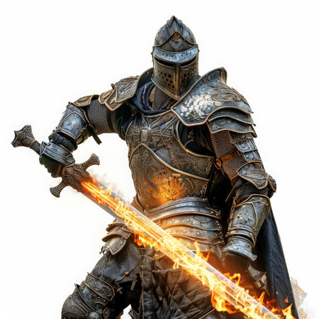 A knight in battle stance, holding a flaming sword and wearing enchanted armor, isolated on white background.の素材