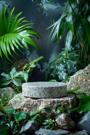 Textured granite stone podium for product presentation on a nature-inspired background with greenery and rocksの素材
