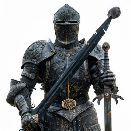 A knight in black armor, holding a broadsword with intricate designs, isolated on white background.の素材