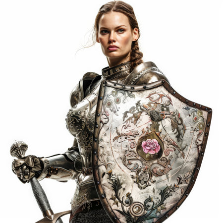 A female knight in custom-fitted armor, holding a shield with a rose emblem and a slender sword, isolated on white background.の素材