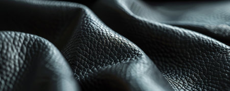 A macro shot of black leather with a smooth, polished surface and subtle grain patterns. The high-quality leather reflects light softly, highlighting its luxurious finish.の素材