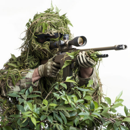 A sniper in a ghillie suit, blending into natural foliage with only the rifle and eyes visible, isolated on white backgroundの素材