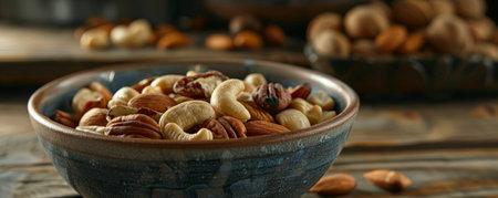 A detailed shot of a bowl of mixed nuts, including pecans, almonds, and cashews, set on a polished wooden table. The varied textures and colors create a harmonious blend.の素材