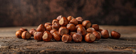 A macro view of a pile of roasted hazelnuts, highlighting their rich brown color and smooth texture. The hazelnuts are placed on a dark wooden background.の素材