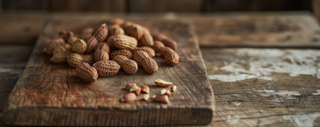 A detailed shot of unshelled peanuts, showing their earthy texture and rich brown color. The peanuts are arranged on a rustic wooden board, enhancing their natural appeal.の素材