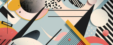 Abstract background showing bold lines and geometric shapes in pastel tones, forming an intricate, harmonious design with overlapping triangles and circles.の素材