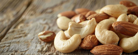A macro view of a mix of cashews and almonds, highlighting their smooth textures and creamy colors. The nuts are scattered on a polished wooden surface, creating a harmonious blend of tones.の素材