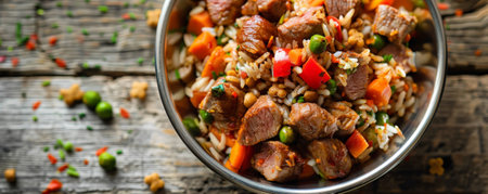A detailed shot of gourmet dog food, featuring chunks of meat, vegetables, and rice in a metal bowl. The bowl is set on a rustic, distressed wooden surface.の素材