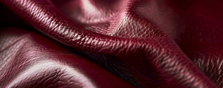 A macro shot of burgundy leather with a glossy finish and a subtle, fine grain pattern. The deep, rich color adds a touch of elegance to the material.の素材