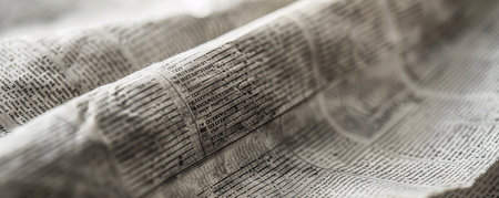 A macro shot of newsprint with a thin, slightly rough texture. The grayish paper is lightweight and perfect for printing newspapers and comics.の素材