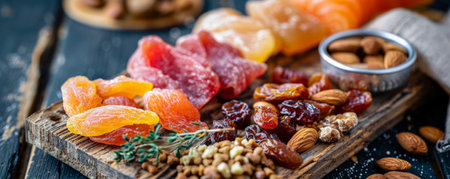 A detailed shot of a selection of healthy pet treats, including dried fruits and nuts, arranged on a rustic wooden board. The varied textures and natural colors complement the wood.の素材