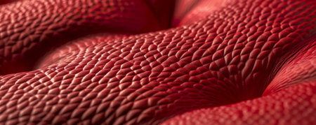 A close-up of red leather with a pebbled texture, showing the small, round bumps that give it a distinctive feel. The vibrant color adds a bold touch to the material.の素材