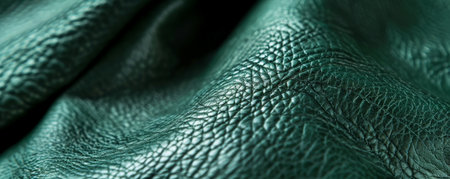 A macro shot of green leather with a slightly matte finish and a natural, organic texture. The unique color and texture combination make it stand out.の素材