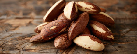 A macro view of a pile of roasted Brazil nuts, highlighting their rich, creamy color and smooth texture. The Brazil nuts are placed on a dark wooden background.の素材
