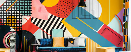 Modern art mural wallpaper background showing geometric patterns in contrasting colors, forming an intricate and visually stimulating design.の素材