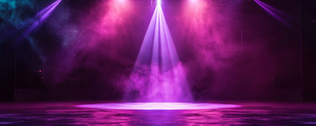 A modern dance stage with a single purple spotlight in the center. The background is dark with subtle light accents, creating a sophisticated and focused ambiance.の素材