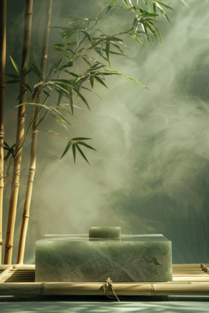 Smooth jade stone podium for product presentation on an Asian-inspired background with bamboo and soft lightingの素材