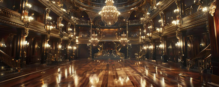 A grand steampunk ballroom with ornate chandeliers made of gears and cogs, intricate brass railings, and a polished wooden floor. The room is filled with elegantly dressed steampunk characters.の素材