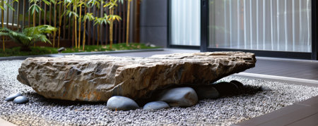A natural stone podium with an irregular shape, surrounded by small, round river rocks. The organic elements create a harmonious, nature-inspired presentation.の素材