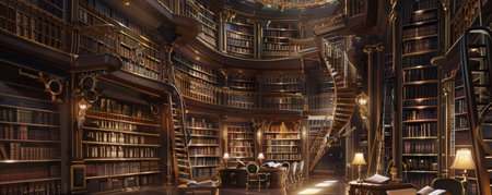 A steampunk-themed library with towering bookshelves, rolling ladders, and brass reading lamps. The room is quiet and filled with the smell of old books and polished wood.の素材