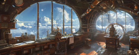 A steampunk inventor's workshop on an airship, with half-built gadgets, blueprints, and a view of the clouds through large windows. The room is filled with the hum of machinery.の素材