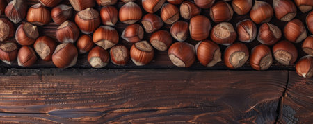 A macro view of freshly cracked hazelnuts, highlighting their intricate patterns and rich brown color. The hazelnuts are placed on a dark wooden background.の素材