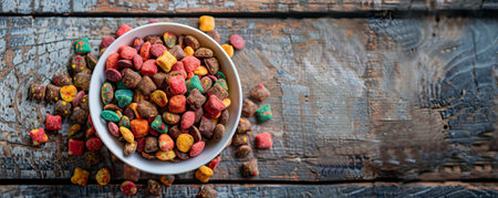 A close-up of a bowl of dry cat food with colorful kibble pieces, placed on a vintage wooden table. The vibrant colors of the kibble stand out against the aged wood.の素材