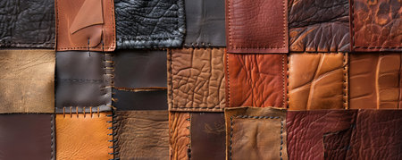 A patchwork of various leather textures in different shades of brown, stitched together with thick, contrasting thread. Each piece of leather has its unique grain and finish.の素材