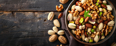 A close-up of a bowl of mixed nuts, including pistachios, walnuts, and Brazil nuts, set on a dark wooden table. The varied textures and colors of the nuts create a visually appealing composition.の素材