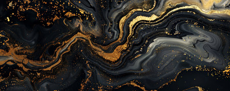 Abstract fluid art background showing a mix of gold and black, creating a luxurious and dramatic effect with intricate, flowing patterns.の素材