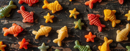 A macro view of a selection of cat treats, including fish-shaped snacks and crunchy bites, scattered on a dark wooden table. The vibrant treats add a pop of color to the scene.の素材