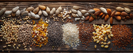A macro view of a variety of bird seeds and nuts, spread out on a polished wooden surface. The mix of textures and colors highlights the natural beauty of the wooden background.の素材