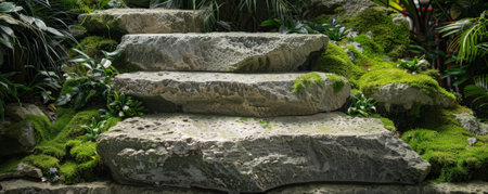 A multi-level stone podium with a rough texture, set amidst a collection of moss-covered rocks. The tiered design and natural elements enhance the display's rustic charm.の素材