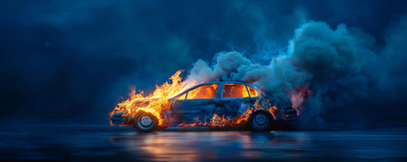 A burning car with roaring flames and dark smoke rising, isolated on a deep blue background. The contrast between the fire and the cool background enhances the drama of the scene.の素材