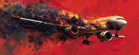A burning airplane engulfed in flames with thick black smoke billowing out, isolated on a bright red background. The intense heat and destruction are vividly depicted, creating a dramatic and striking scene.の素材