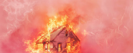 A burning house with fierce flames and heavy smoke, isolated on a pastel pink background. The unusual color contrast highlights the intensity and chaos of the fire.の素材